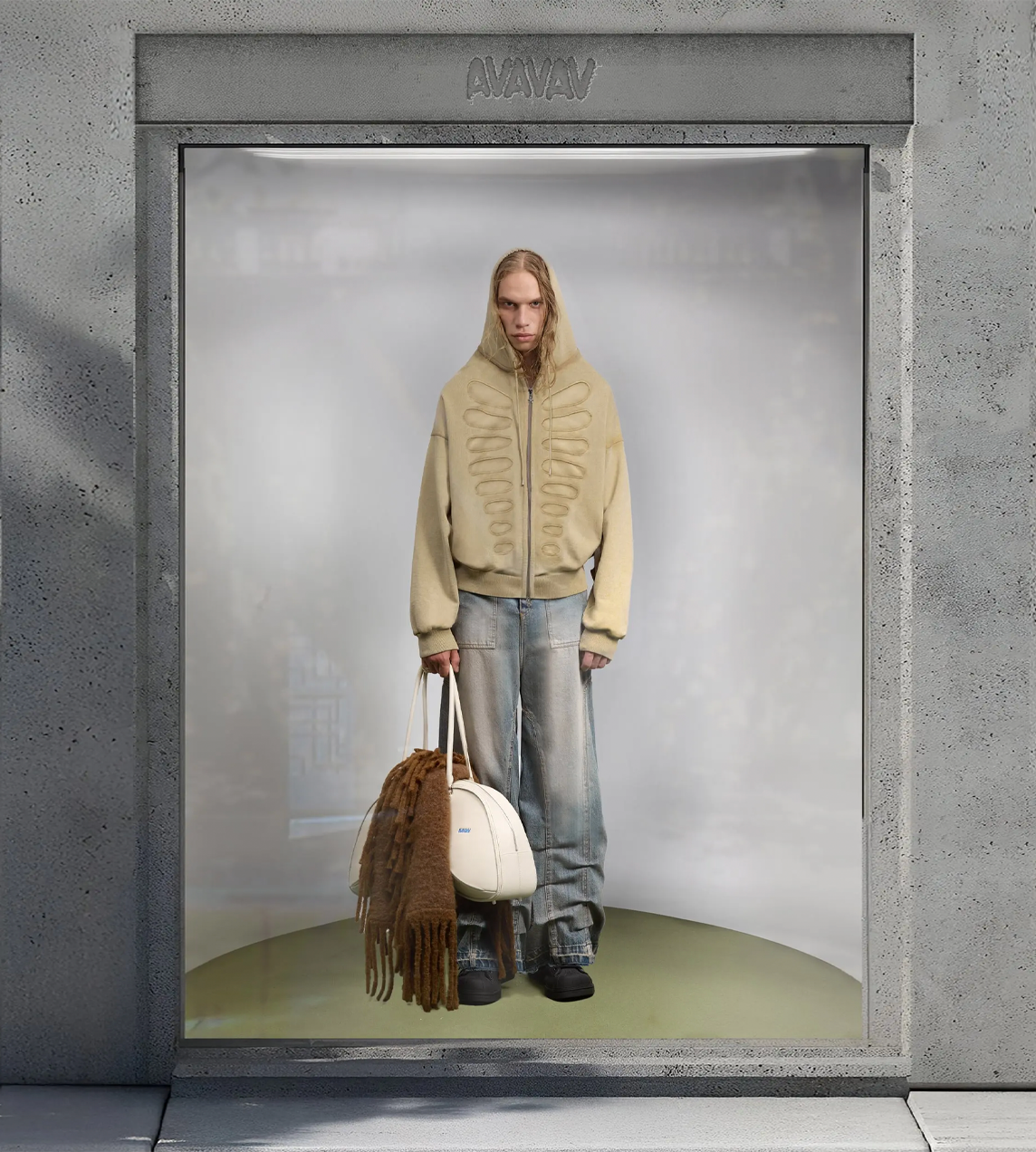 Tim OS Shoulderless Hoodie With Lined Cut-out Application Beige
