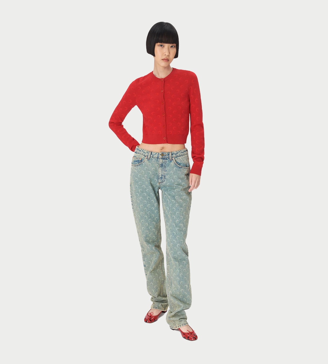 MARINE SERRE - Moon Jacquard Fitted Cardigan Red