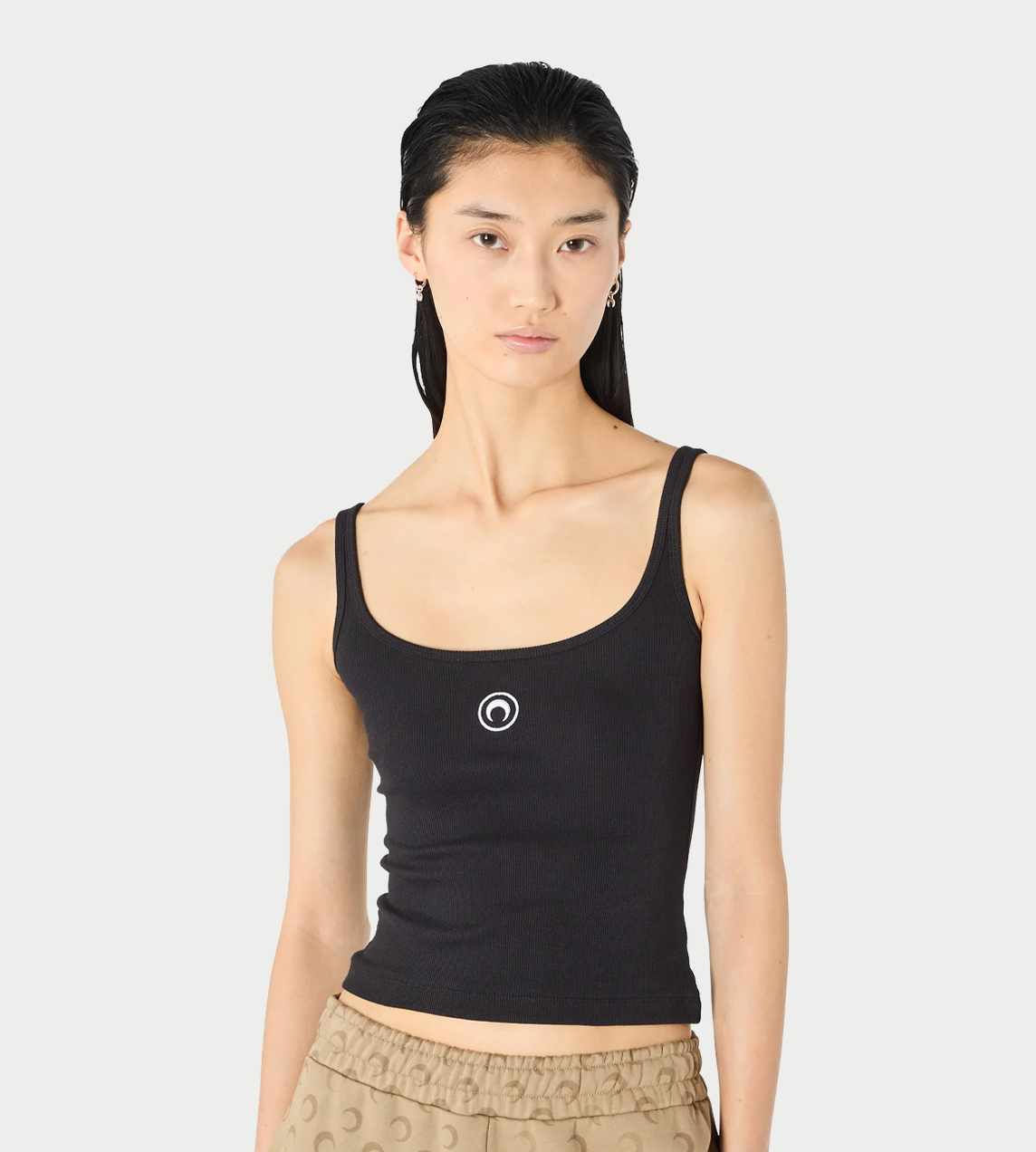 MARINE SERRE - Moon Logo Ribbed Jersey Cropped Tank Top Blk