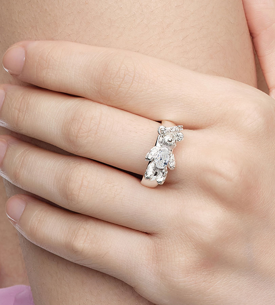 Carved Metal Mini Bear Ring White