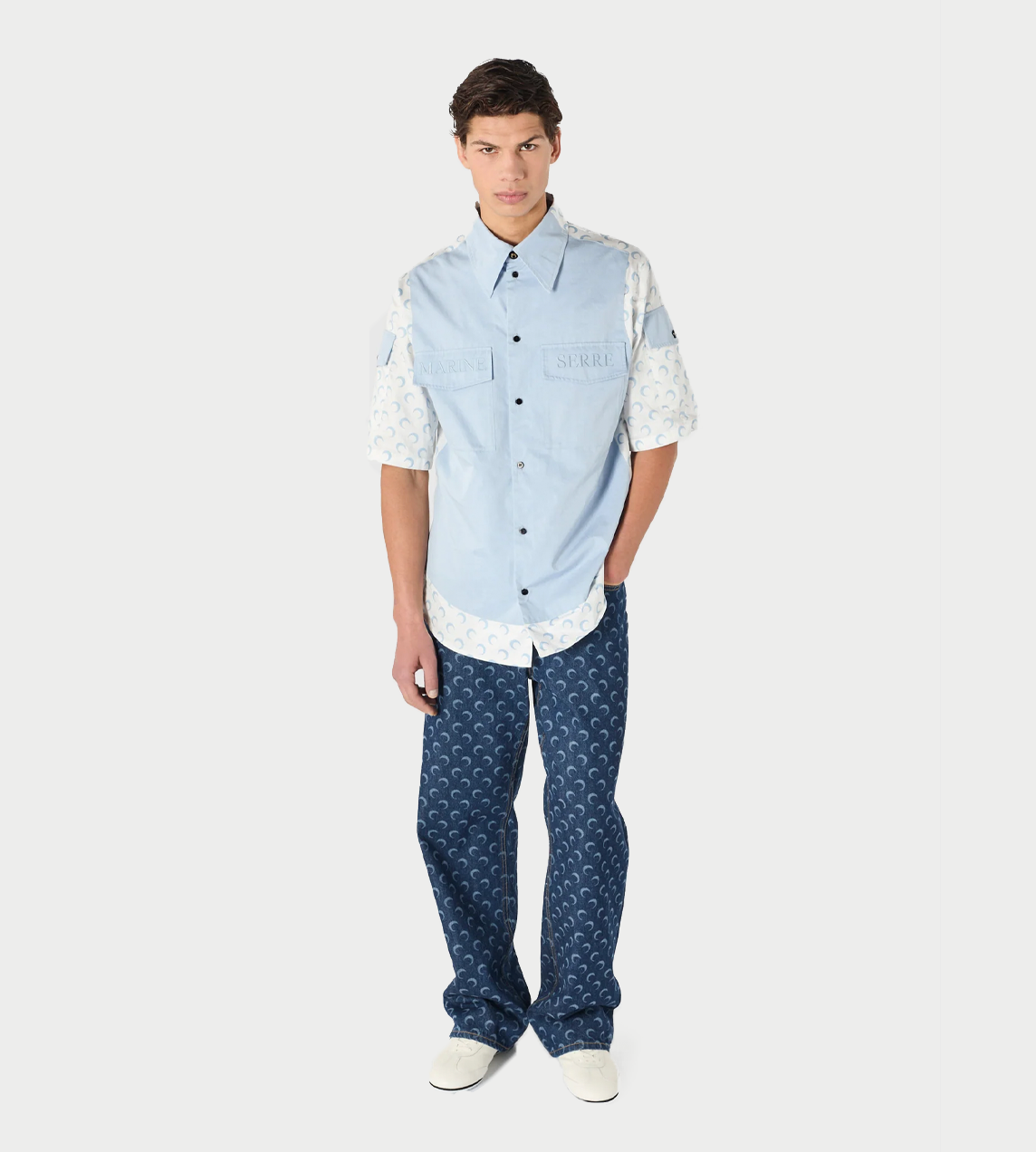 MARINE SERRE - Contrasted Moon Poplin SS Shirt White/Blue