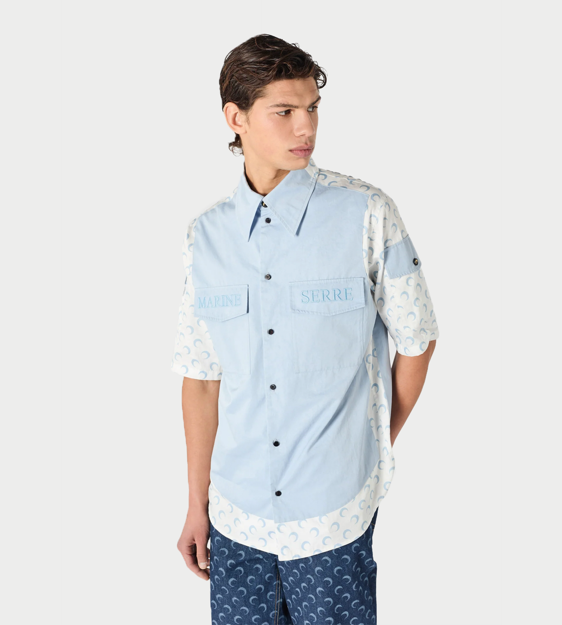 MARINE SERRE - Contrasted Moon Poplin SS Shirt White/Blue