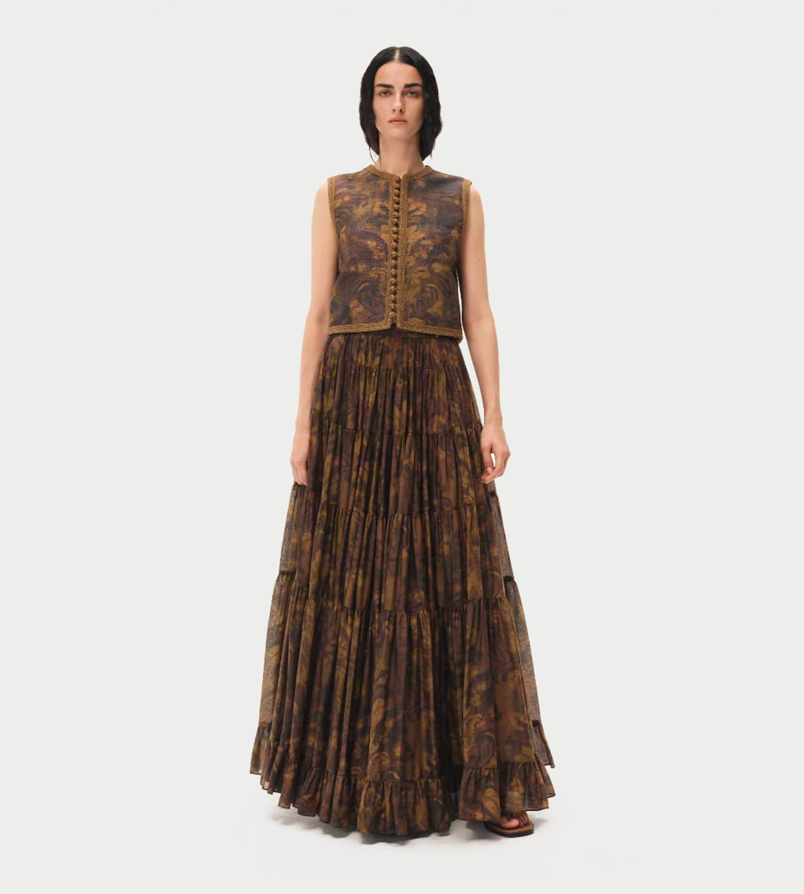 INTO THE EAST - Acanthus Oil Pain Multi-Layer Skirt Tea Brown
