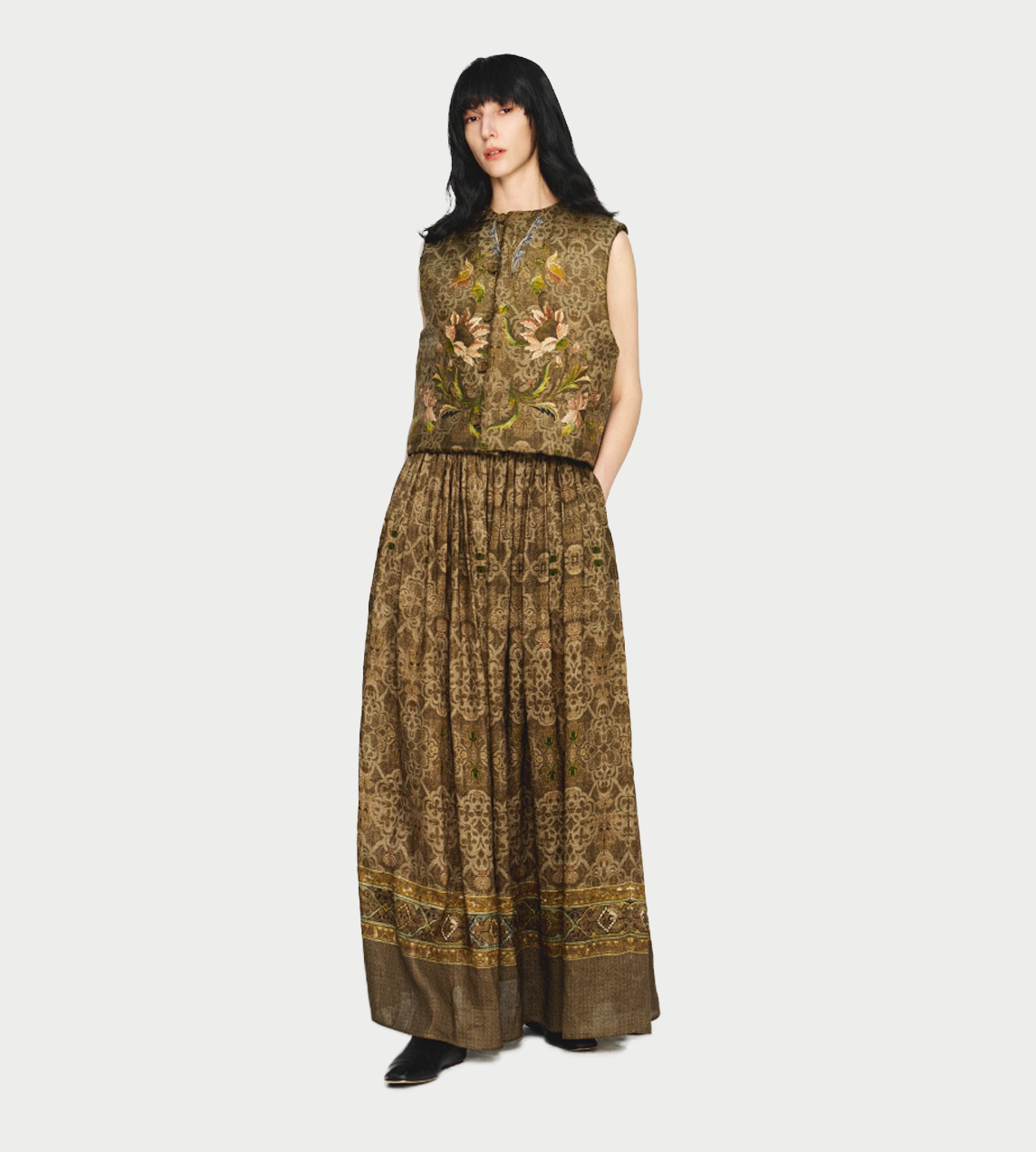 Dark Pattern Printed Linen Skirt Green