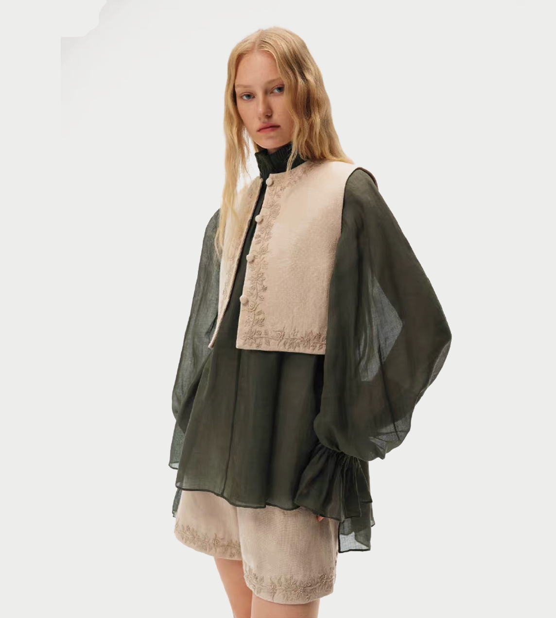 NTO THE EAST - Beige Linen Embroidered Vest Beige