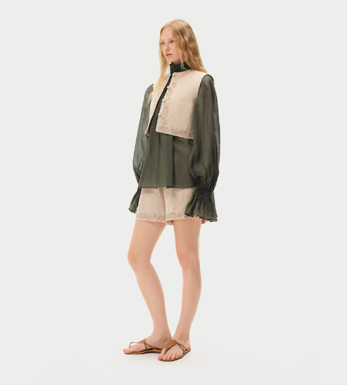NTO THE EAST - Beige Linen Embroidered Vest Beige