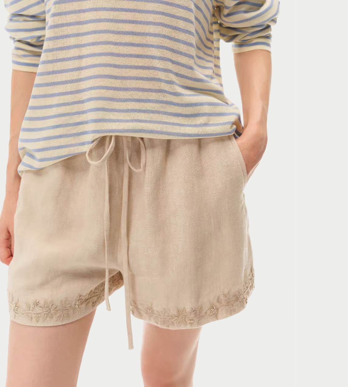 INTO THE EAST - Beige Linen Embroidered Shorts Beige