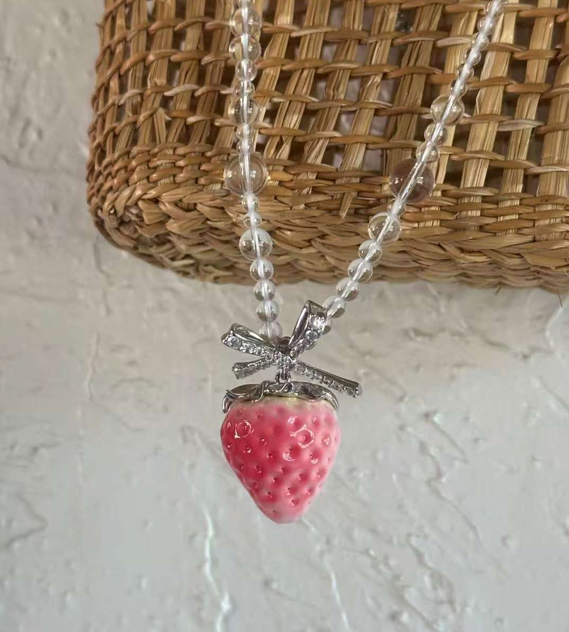 Strawberry Bowknot Crystal Necklace