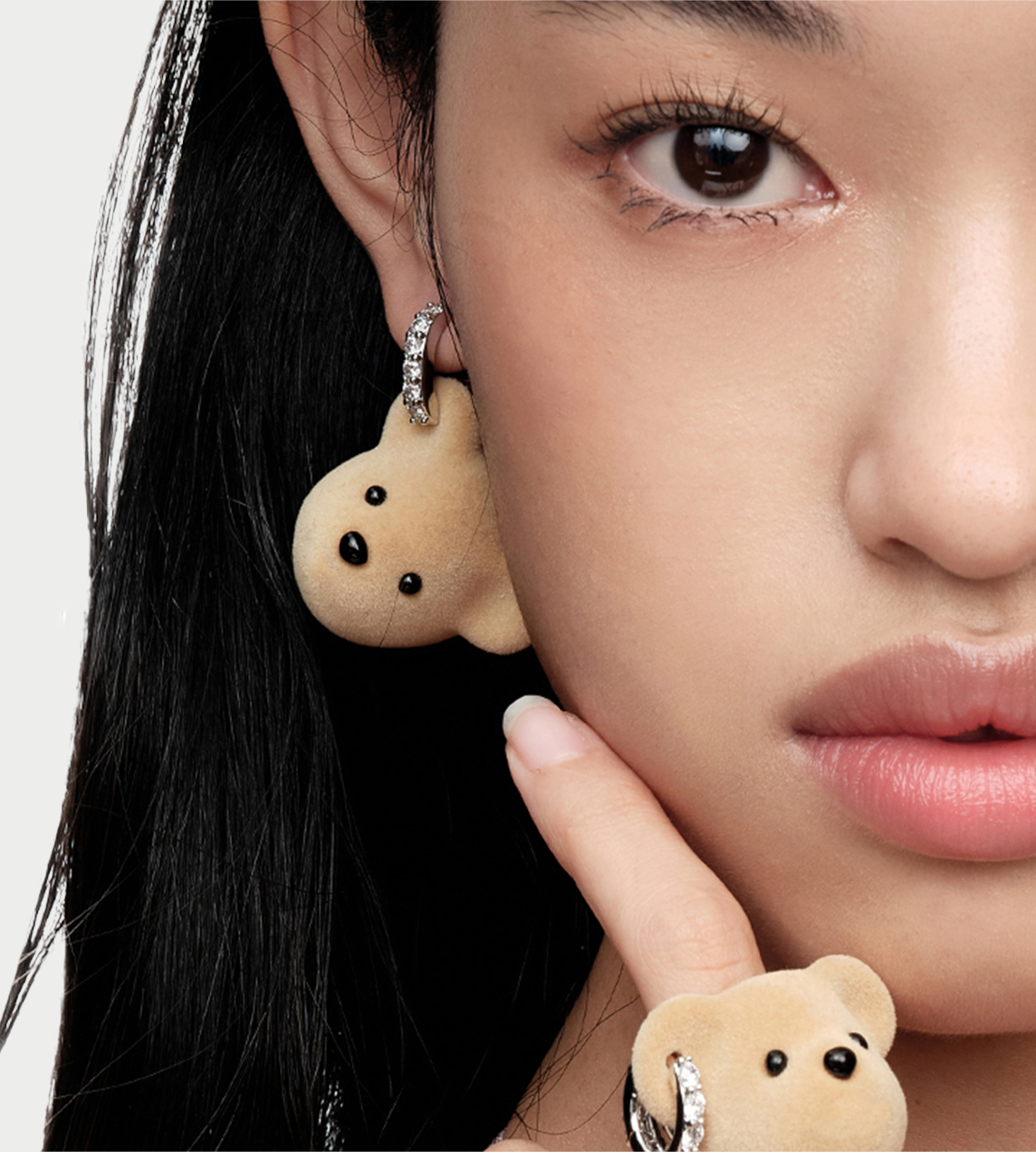 Flocked Bear Head Stud Earrings Beige