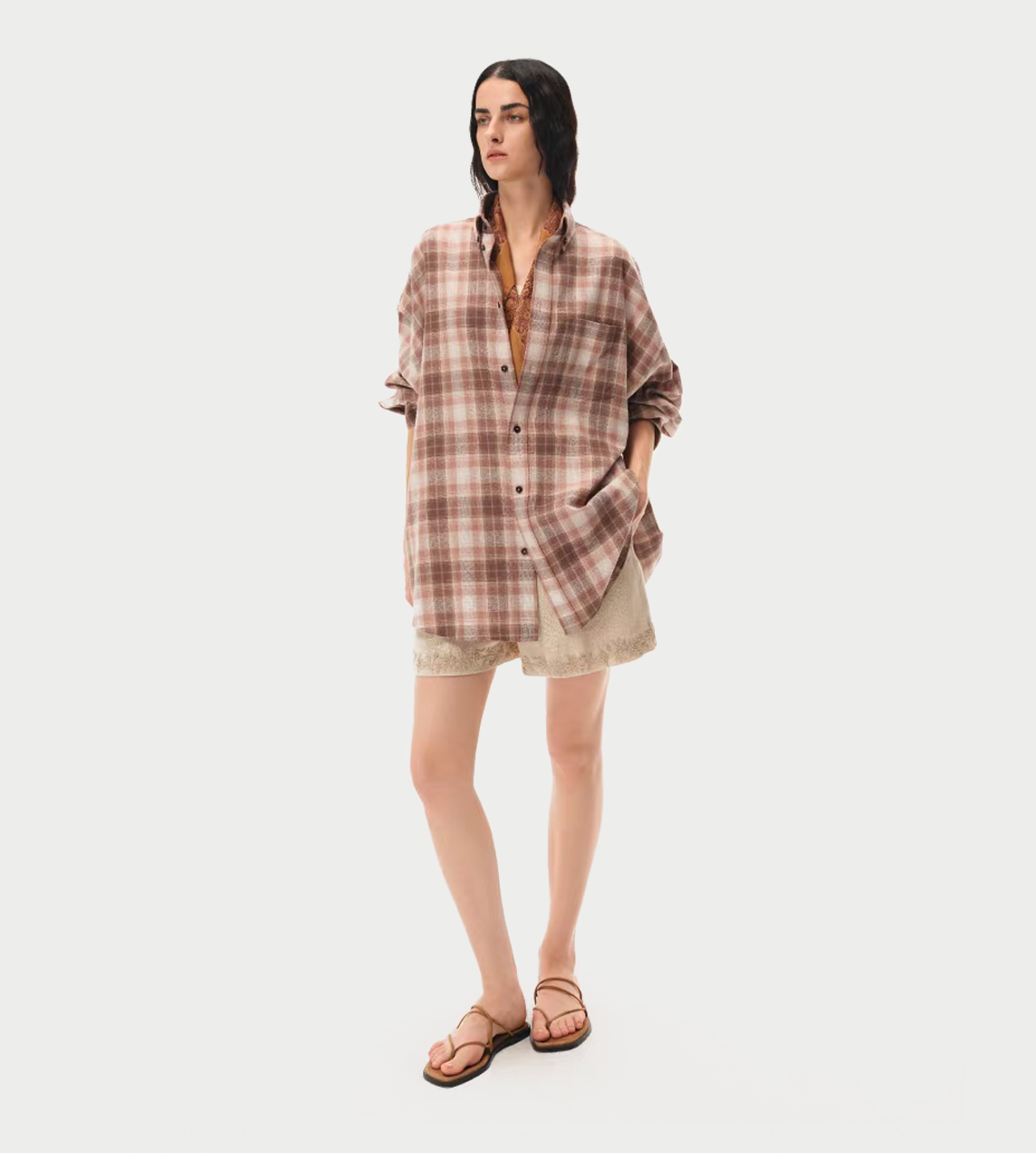 INTO THE EAST - Beige Linen Embroidered Shorts Beige