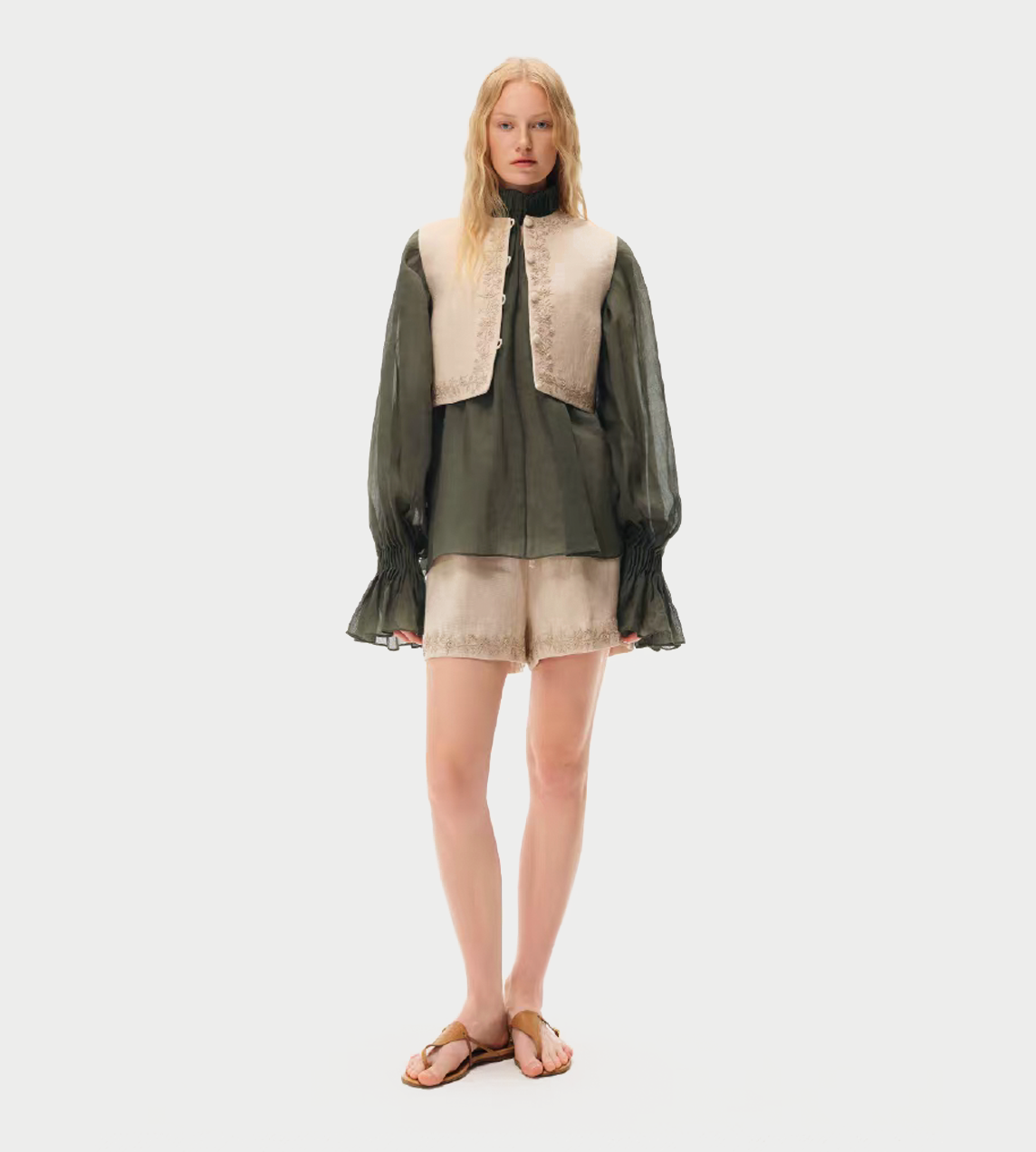 INTO THE EAST - Beige Linen Embroidered Shorts Beige