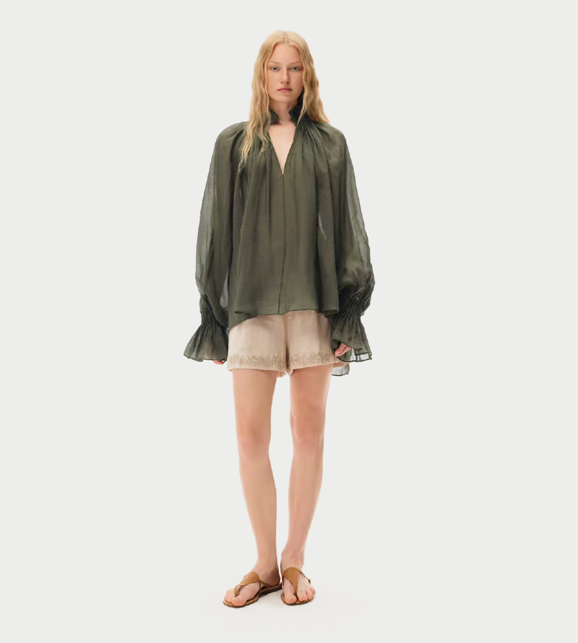 INTO THE EAST - Beige Linen Embroidered Shorts Beige
