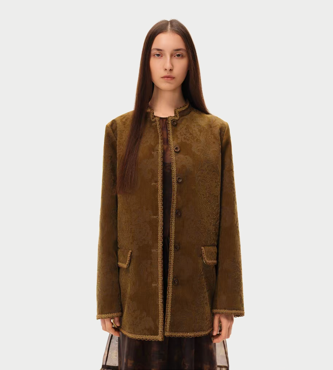 INTO THE EAST - Velvet Floral Ribbon Edge Coat Olive Yellow