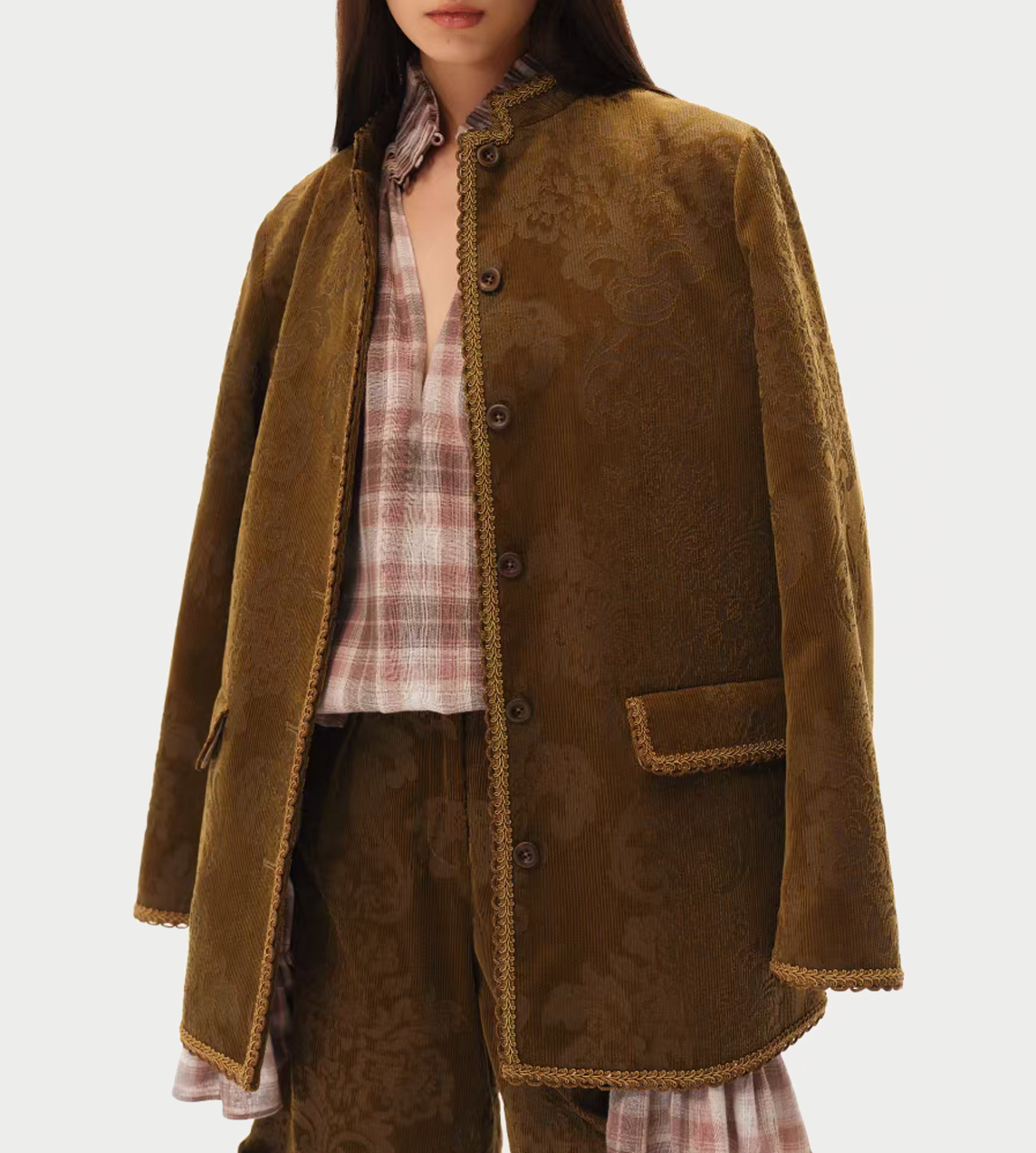 INTO THE EAST - Velvet Floral Ribbon Edge Coat Olive Yellow