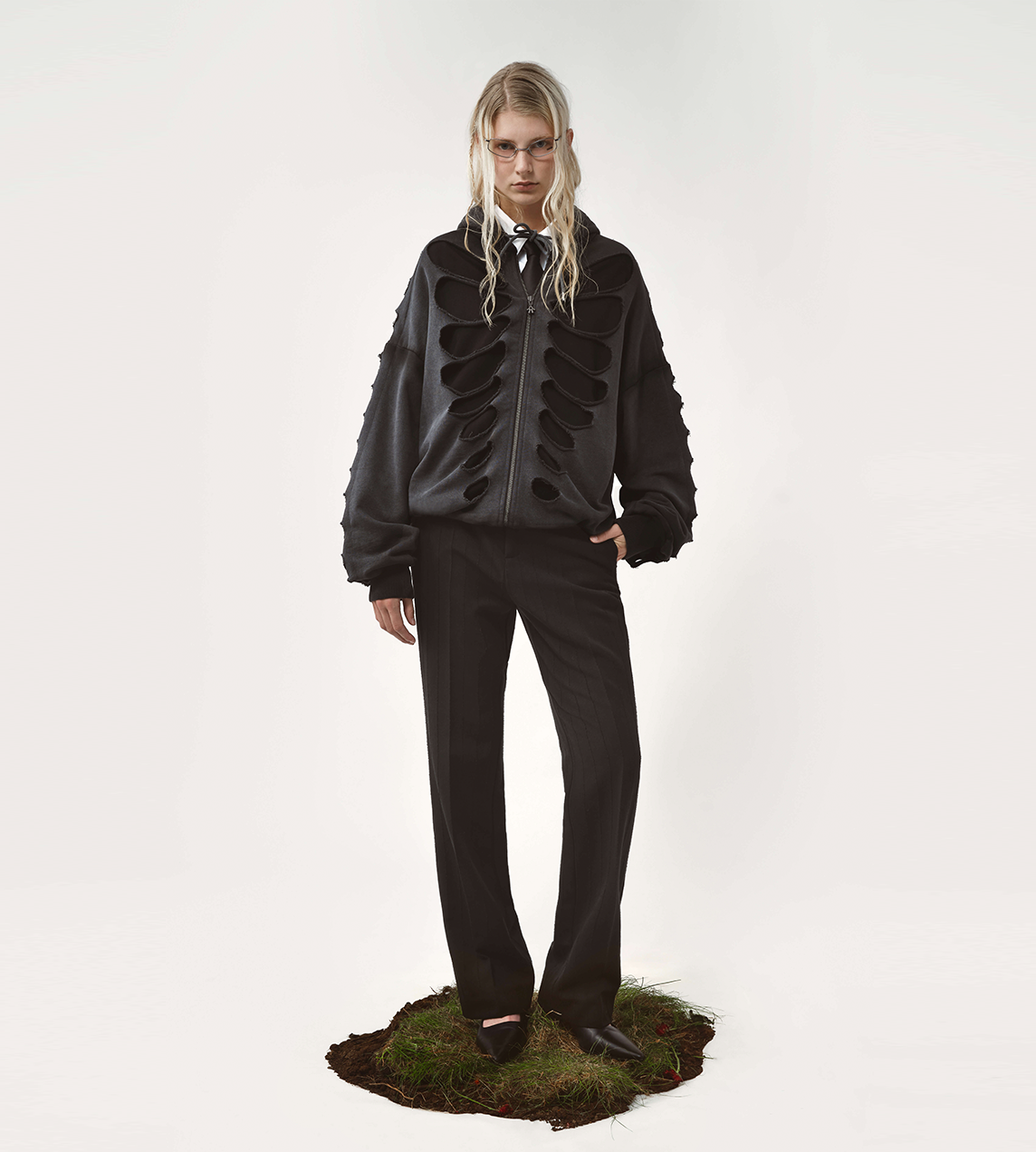 Tim Shoulderless Zip Hoodie Cut-out Blk