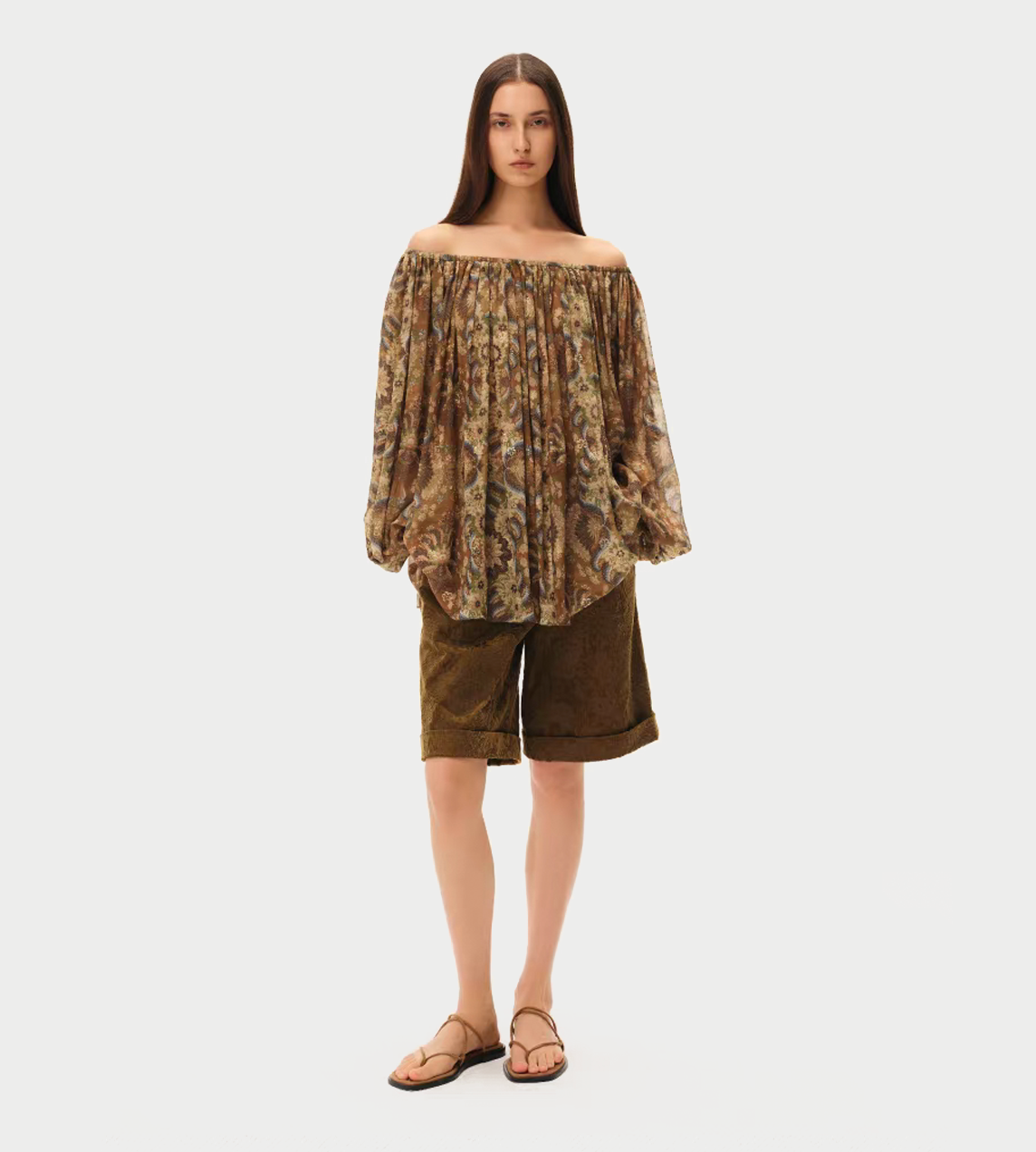 INTO THE EAST - Velvet Floral Stand Shorts Olive Yellow