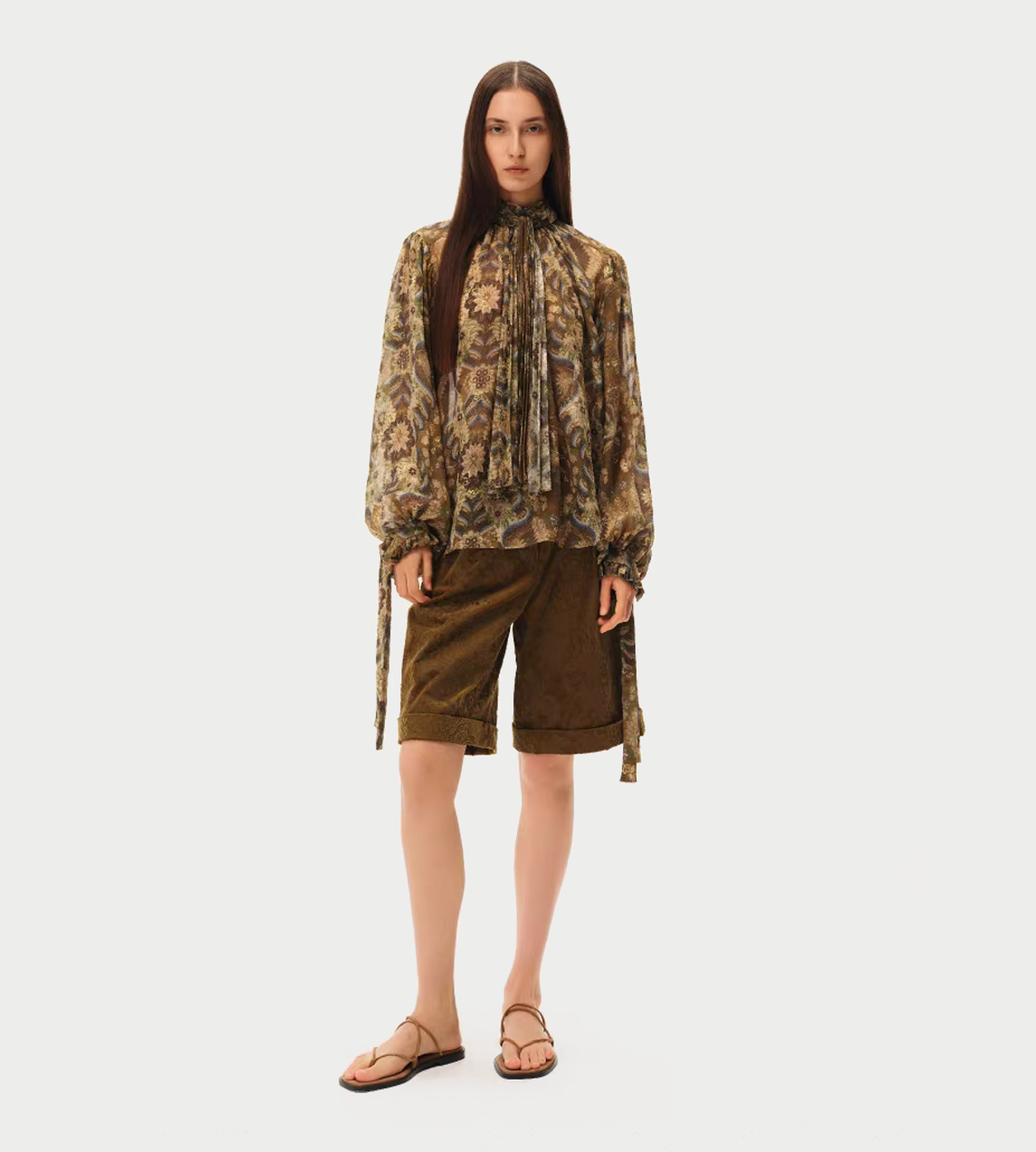 INTO THE EAST - Velvet Floral Stand Shorts Olive Yellow
