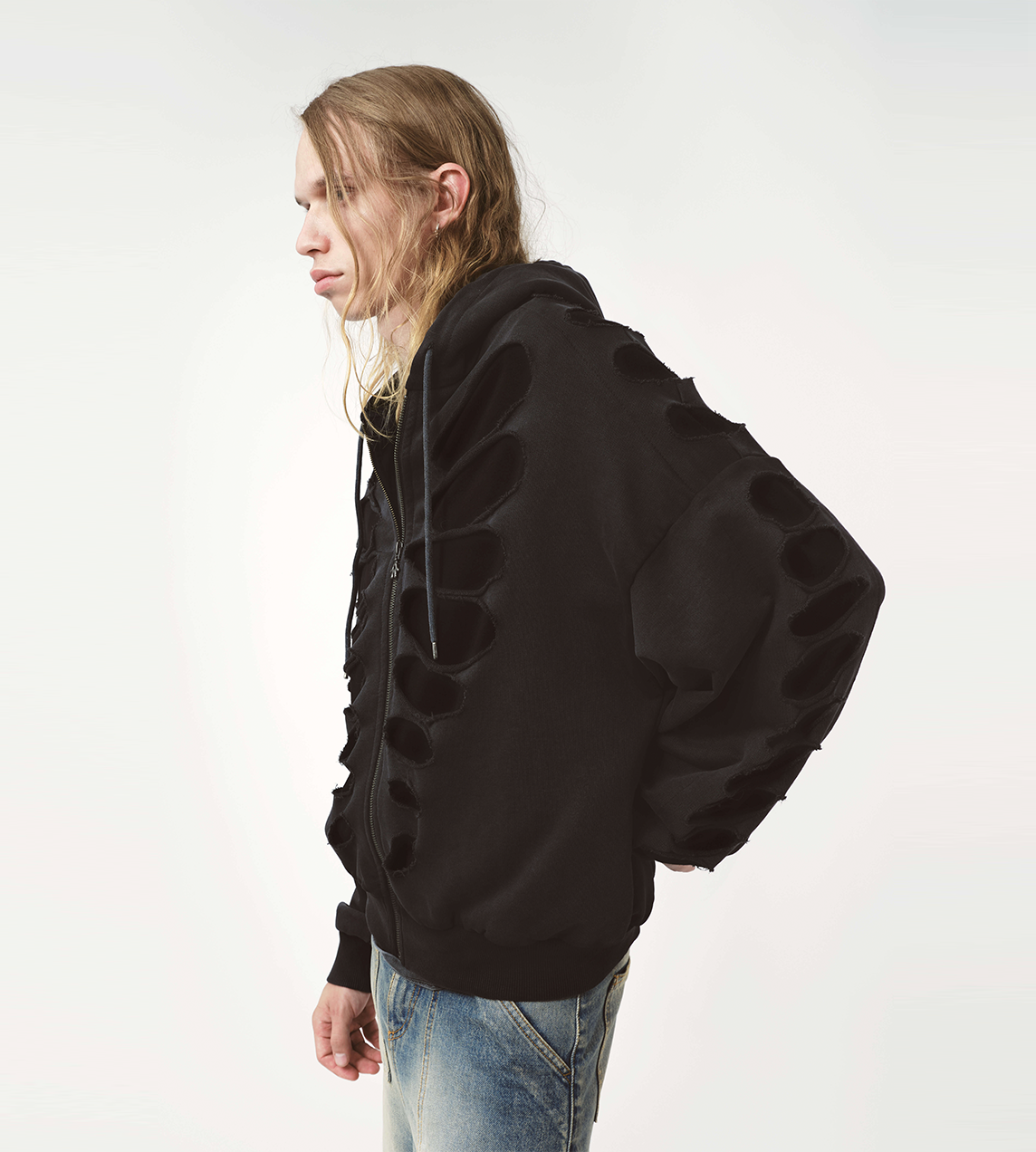 Tim Shoulderless Zip Hoodie Cut-out Blk