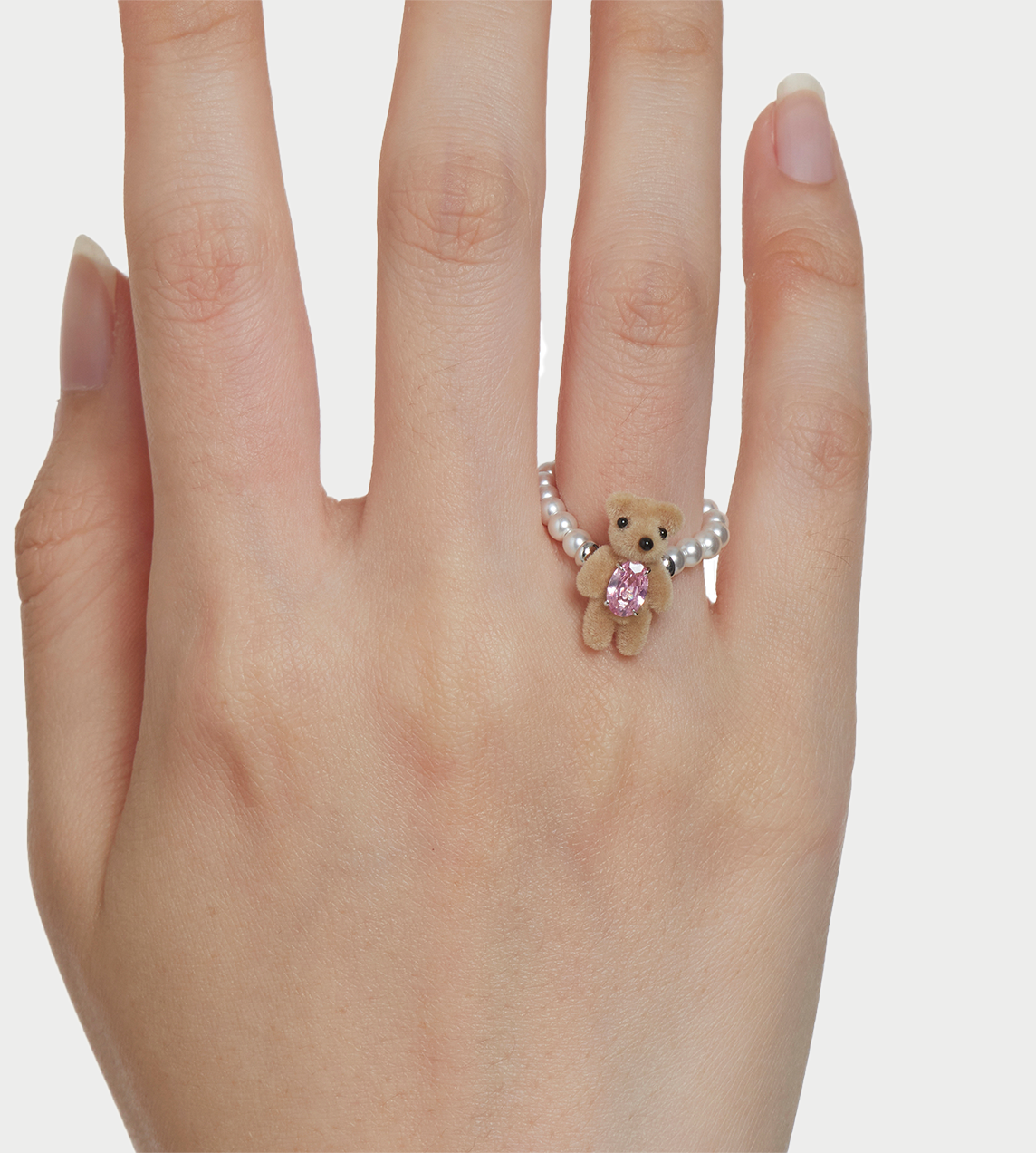 Mini Flocked Bear Pearl Ring Pink