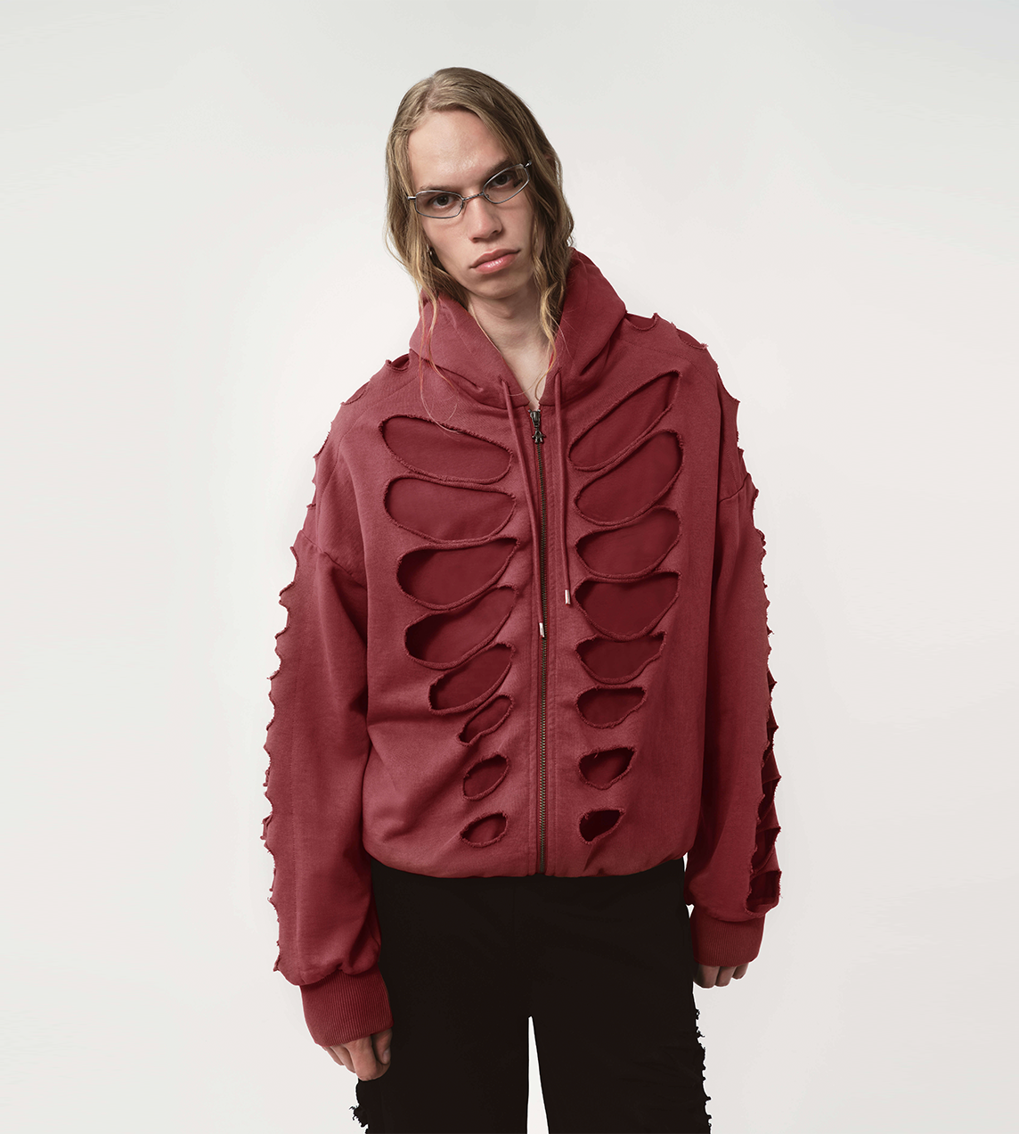 Tim Shoulderless Zip Hoodie Cut-out Red