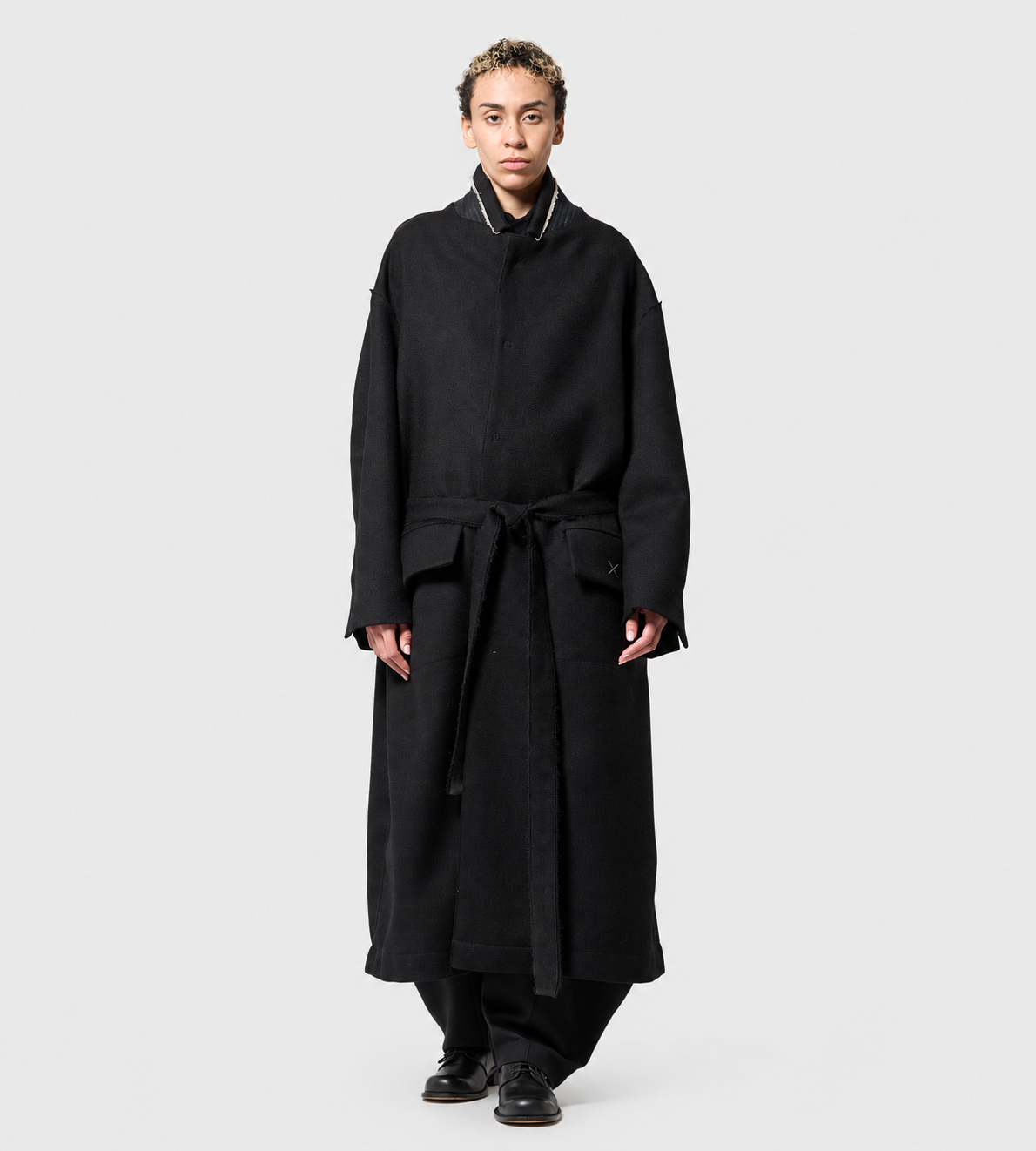 Giovanni Cavagna - Relaxed Wool Coat with Belt Black