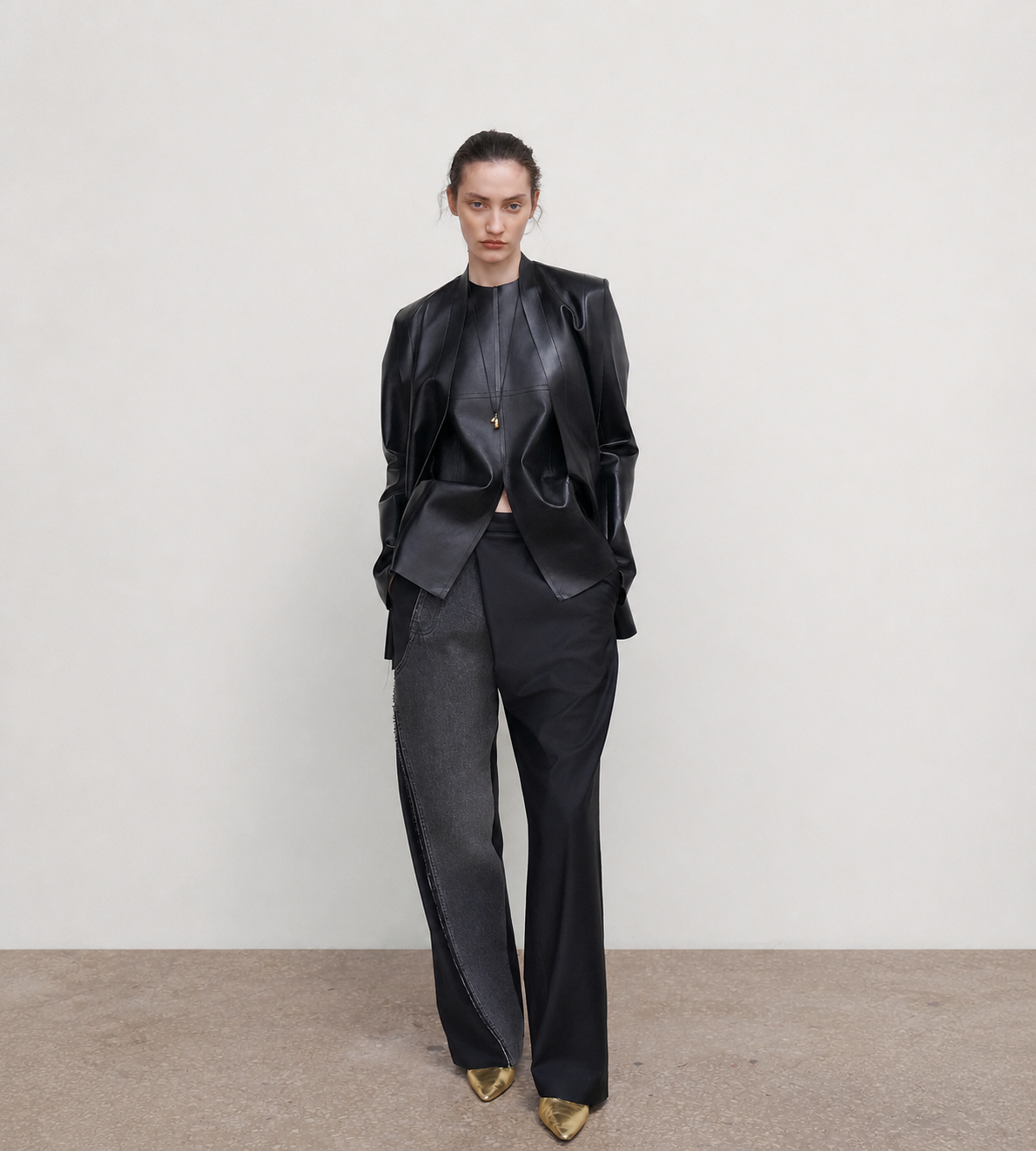 LITKOVSKA - Deconstructed Offset-Zip Pants With Denim Panel Blk/Grey