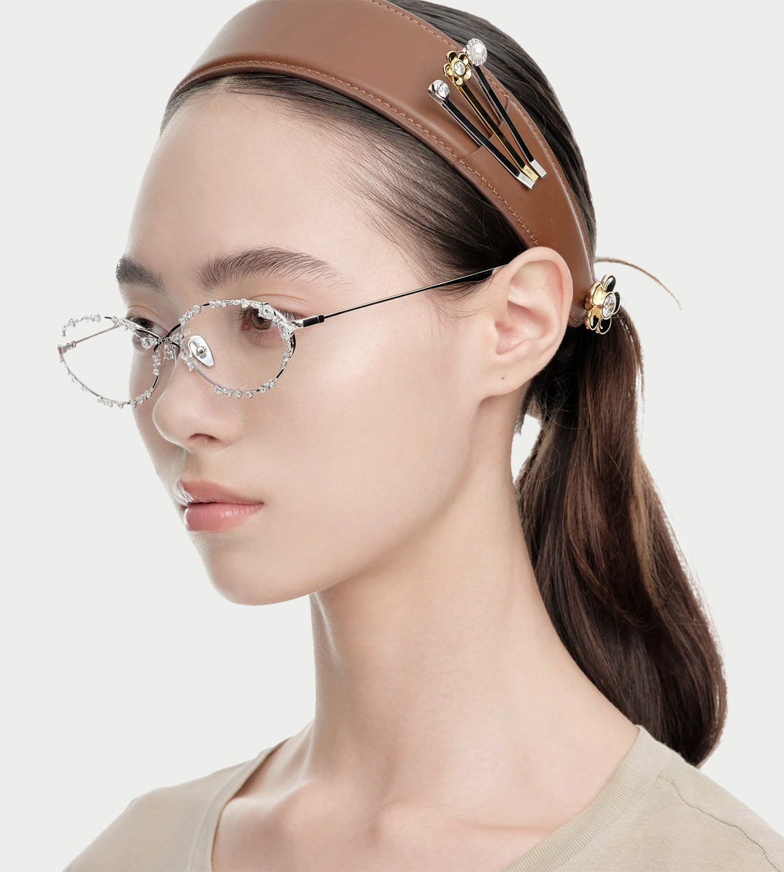 Gemstone-studded Metal-frame Glasses Silver