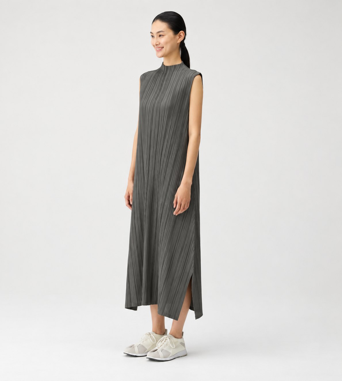 PLEATS PLEASE ISSEY MIYAKE - Mellow Pleats Sleeveless High Neck Dress Charcoal