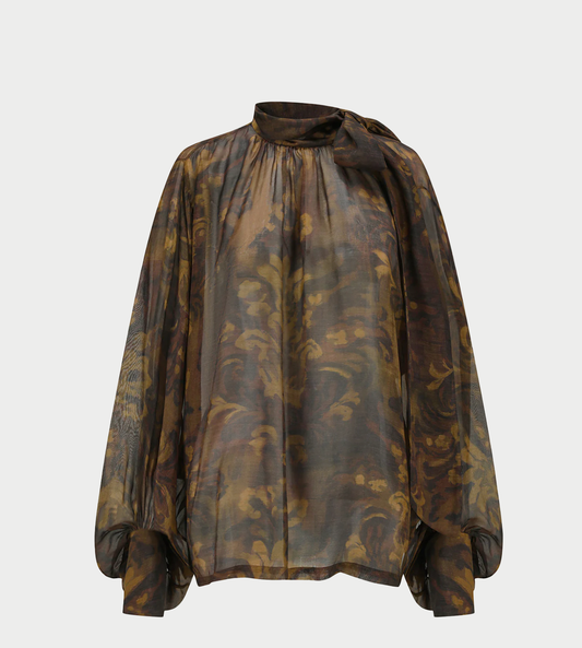 INTO THE EAST - Acanthus Oil Painting Ribbon Top Tea Brown
