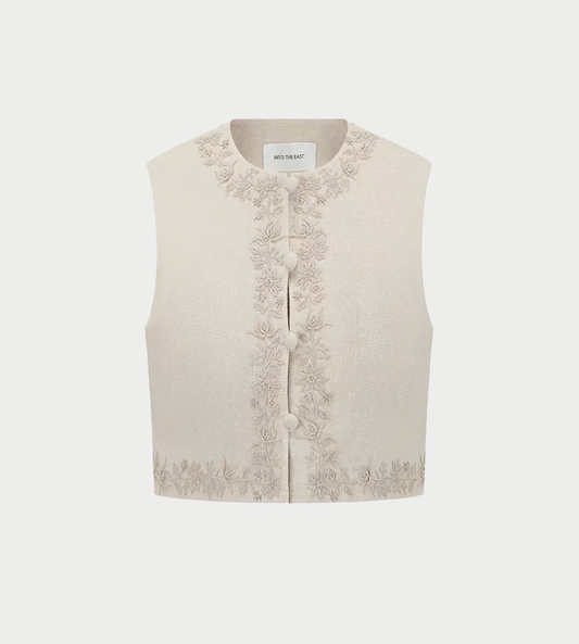 INTO THE EAST - Beige Linen Embroidered Vest Beige