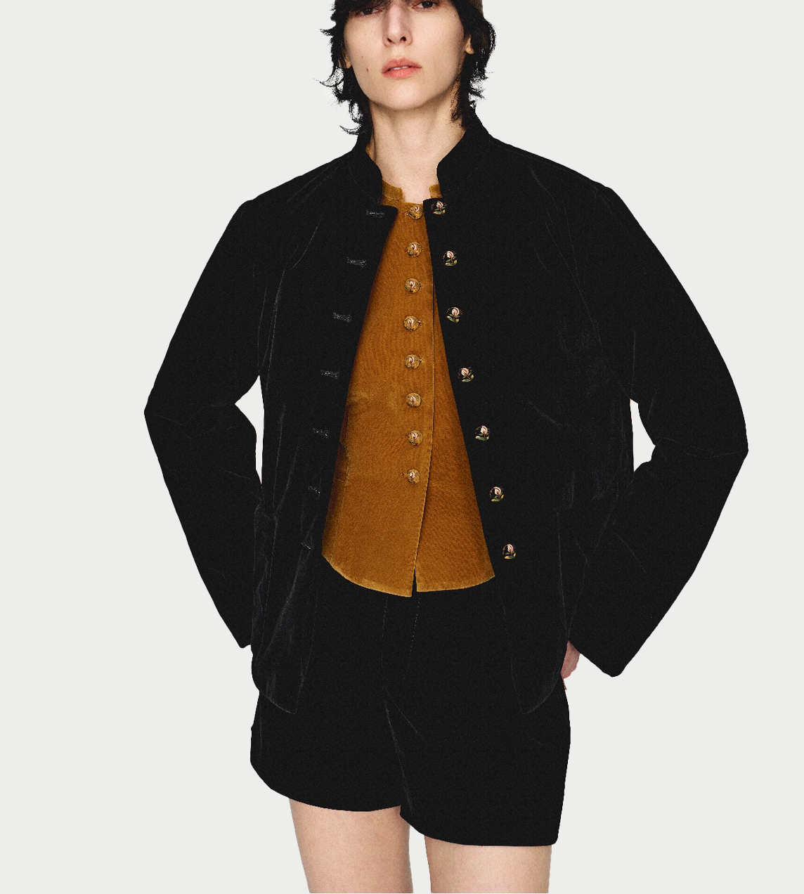 Velvet Embroidered Stand Collar Jacket Blk