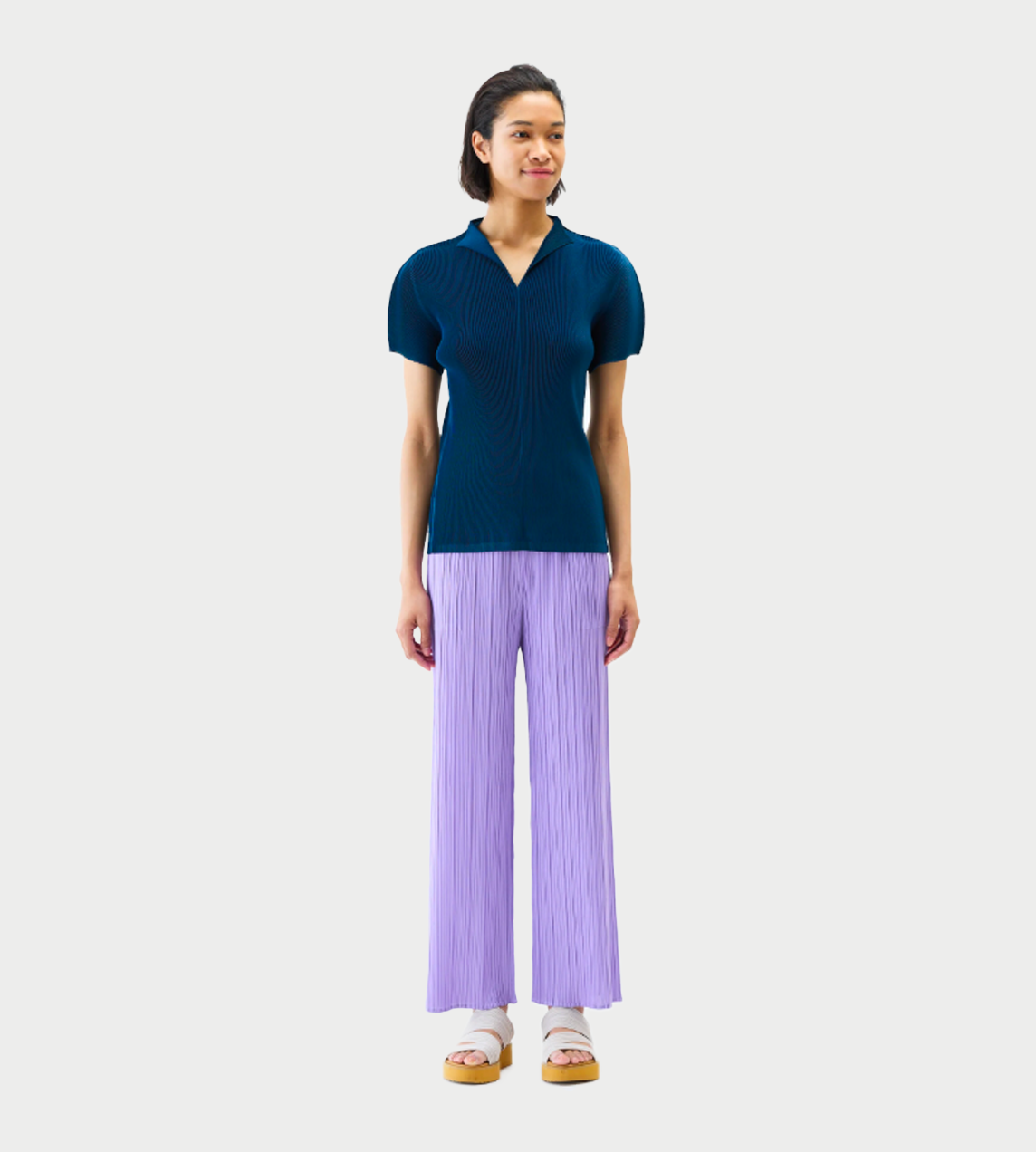 PLEATS PLEASE ISSEY MIYAKE - Mist Pleated Open Collar Tee Navy