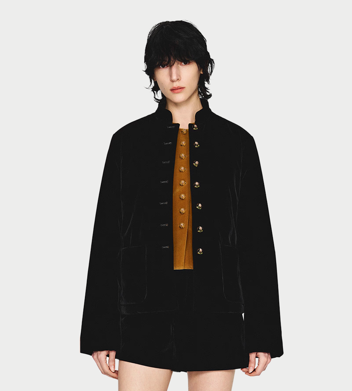Velvet Embroidered Stand Collar Jacket Blk