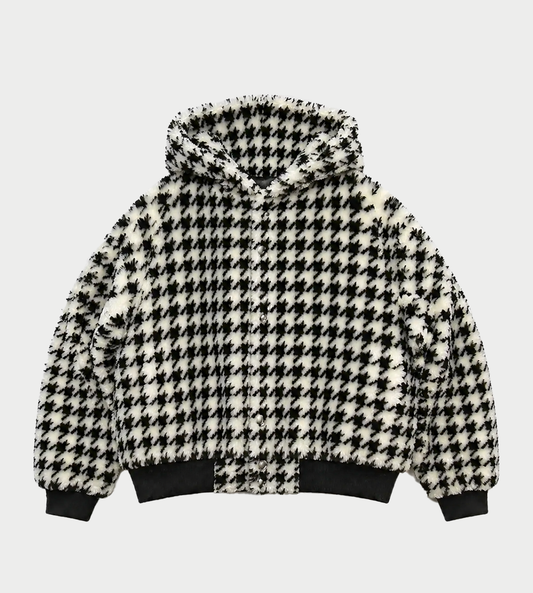 SULVAM - Houndstooth Fur Hooded Blouson Blk/Wht