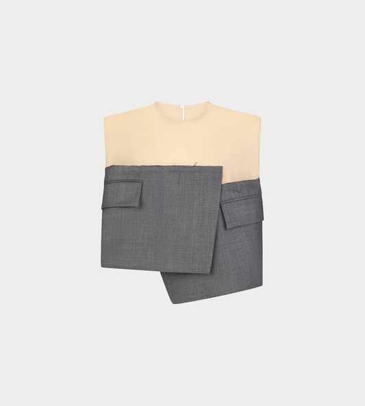 Cropped Sheer Top With Suiting Detail Grey/Beige