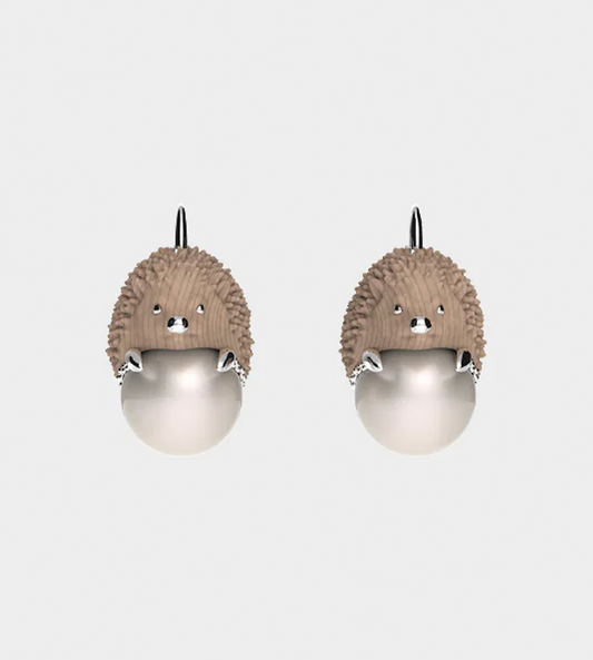 YVMIN - Ceramic Hedgehog Pearl Stud Earrings Brown