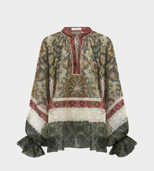 INTO THE EAST - Square Wallpaper Lace Bubble Sleeve Top