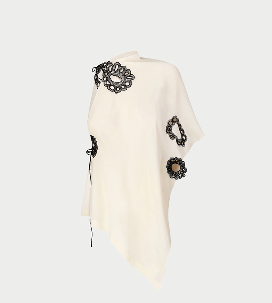 Asymmetric Embroidered Halterneck Scarf Top Ivory