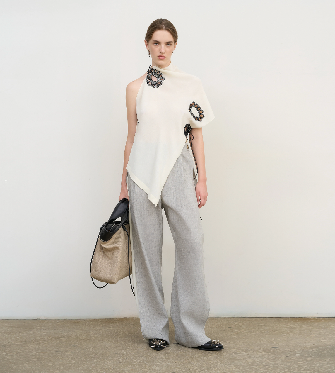 Asymmetric Embroidered Halterneck Scarf Top Ivory
