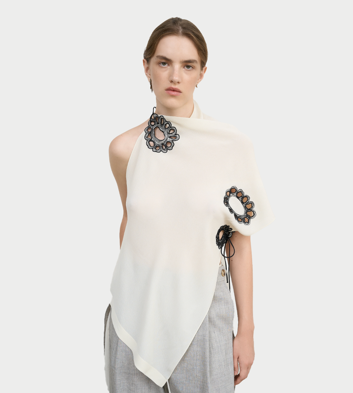 Asymmetric Embroidered Halterneck Scarf Top Ivory