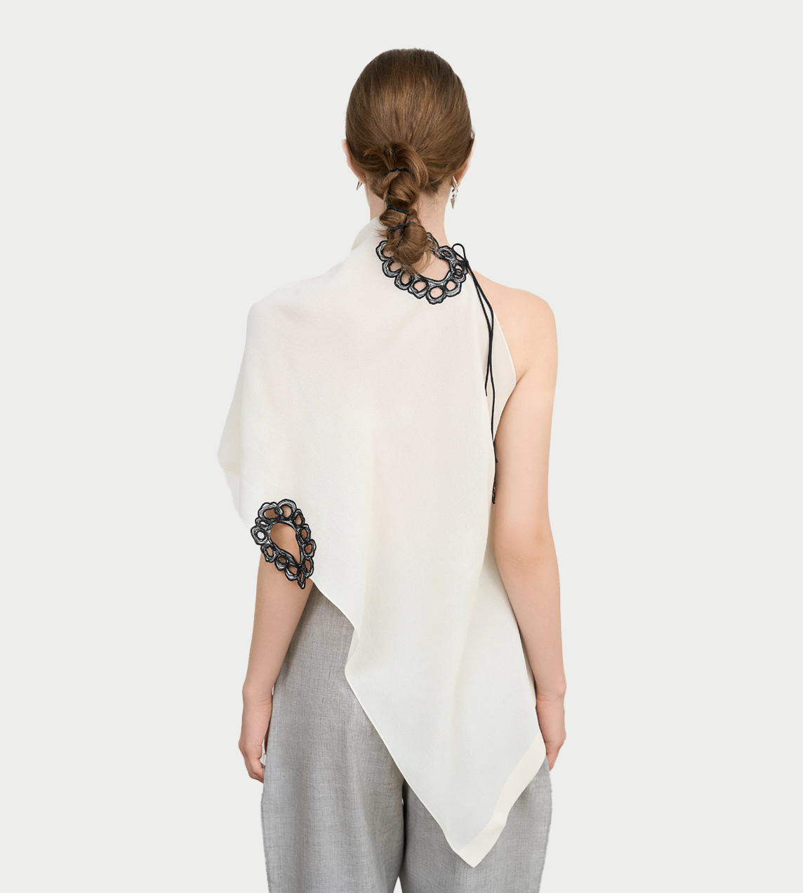Asymmetric Embroidered Halterneck Scarf Top Ivory