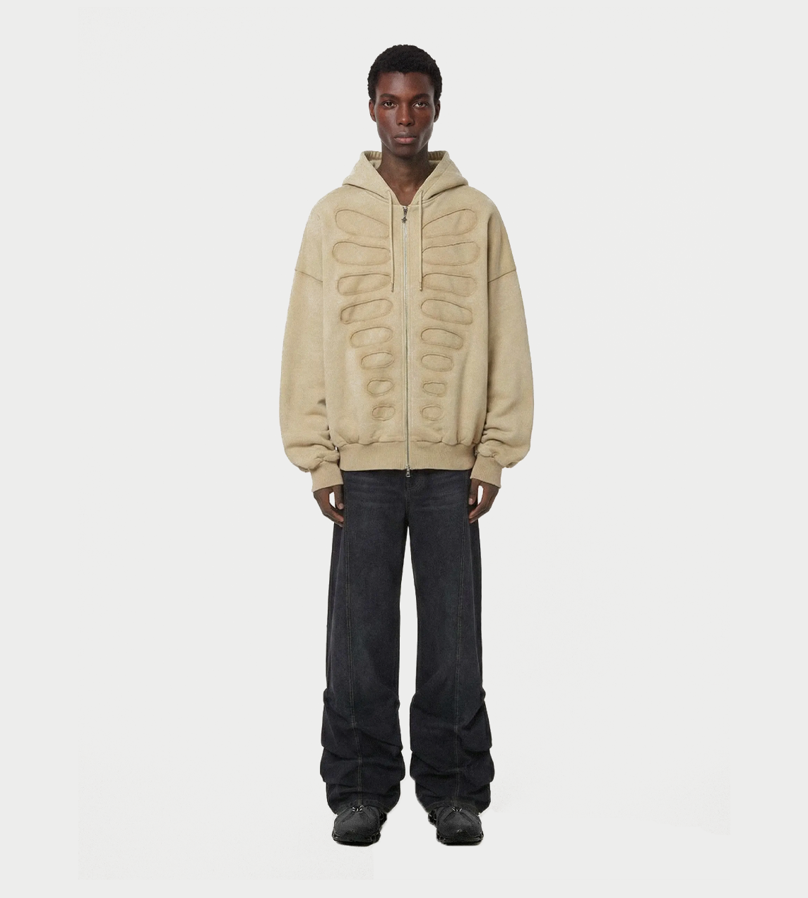 Tim OS Shoulderless Hoodie With Lined Cut-out Application Beige