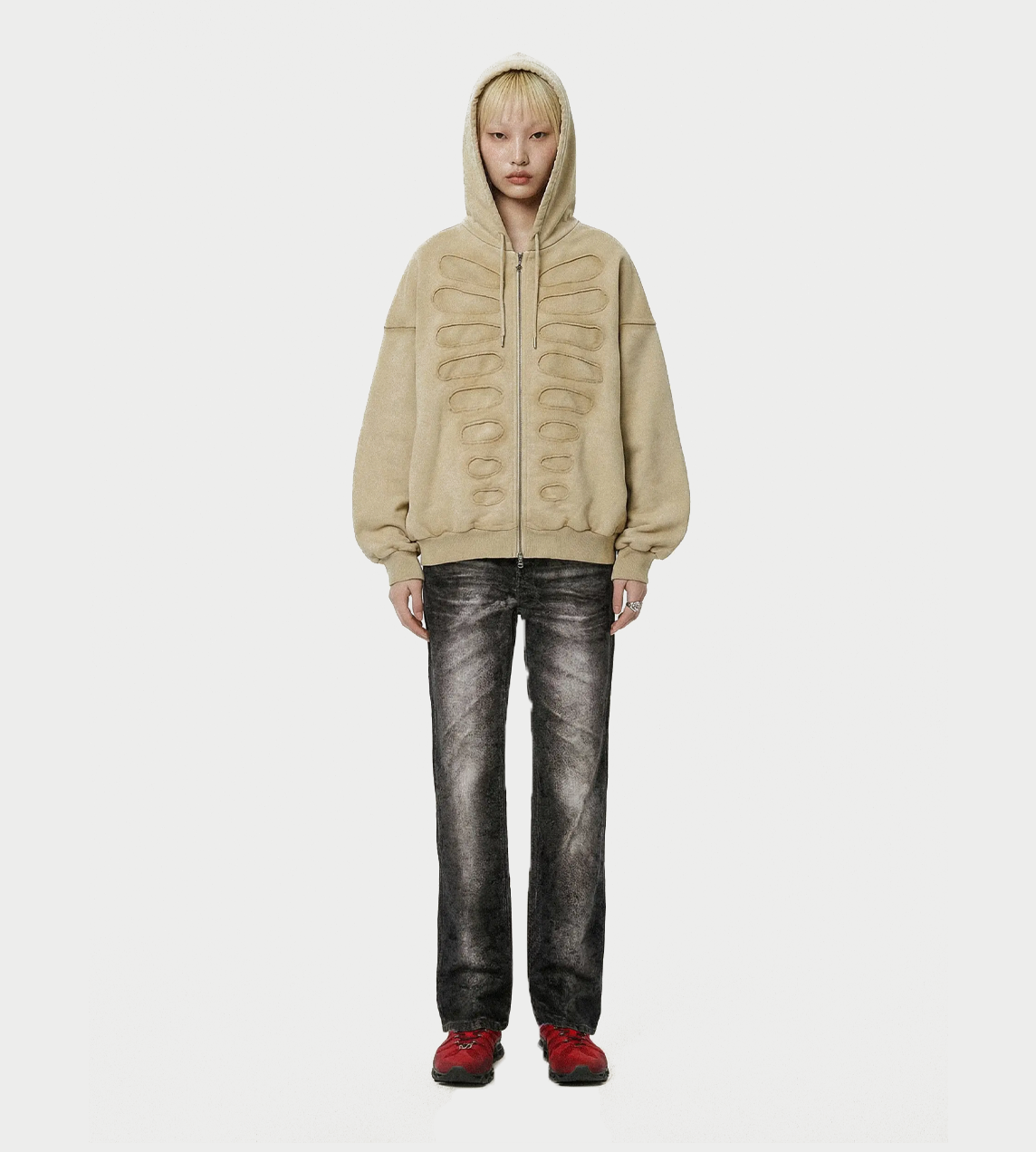 Tim OS Shoulderless Hoodie With Lined Cut-out Application Beige