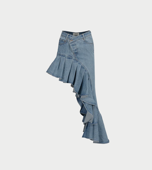 LEJE - Asymmetric Frill Denim Skirt Blue