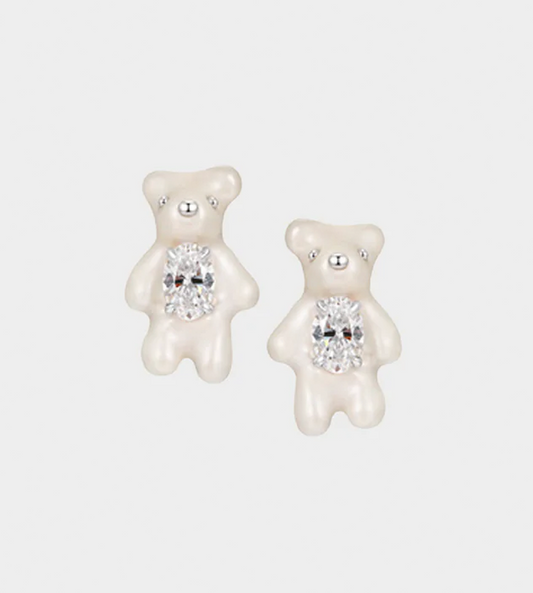 YVMIN - Mini Pearlescent Bear Earrings White