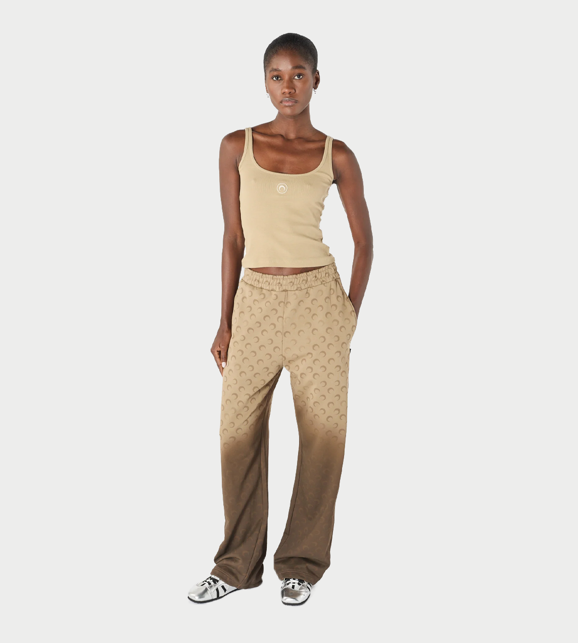 MARINE SERRE - Moon Logo Ribbed Jersey Cropped Tank Top Taupe