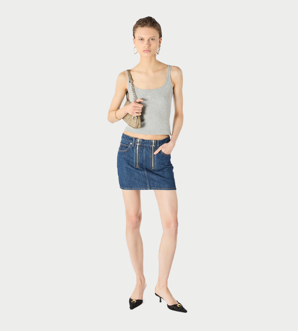 MARINE SERRE - Moon Logo Ribbed Jersey Cropped Tank Top Grey