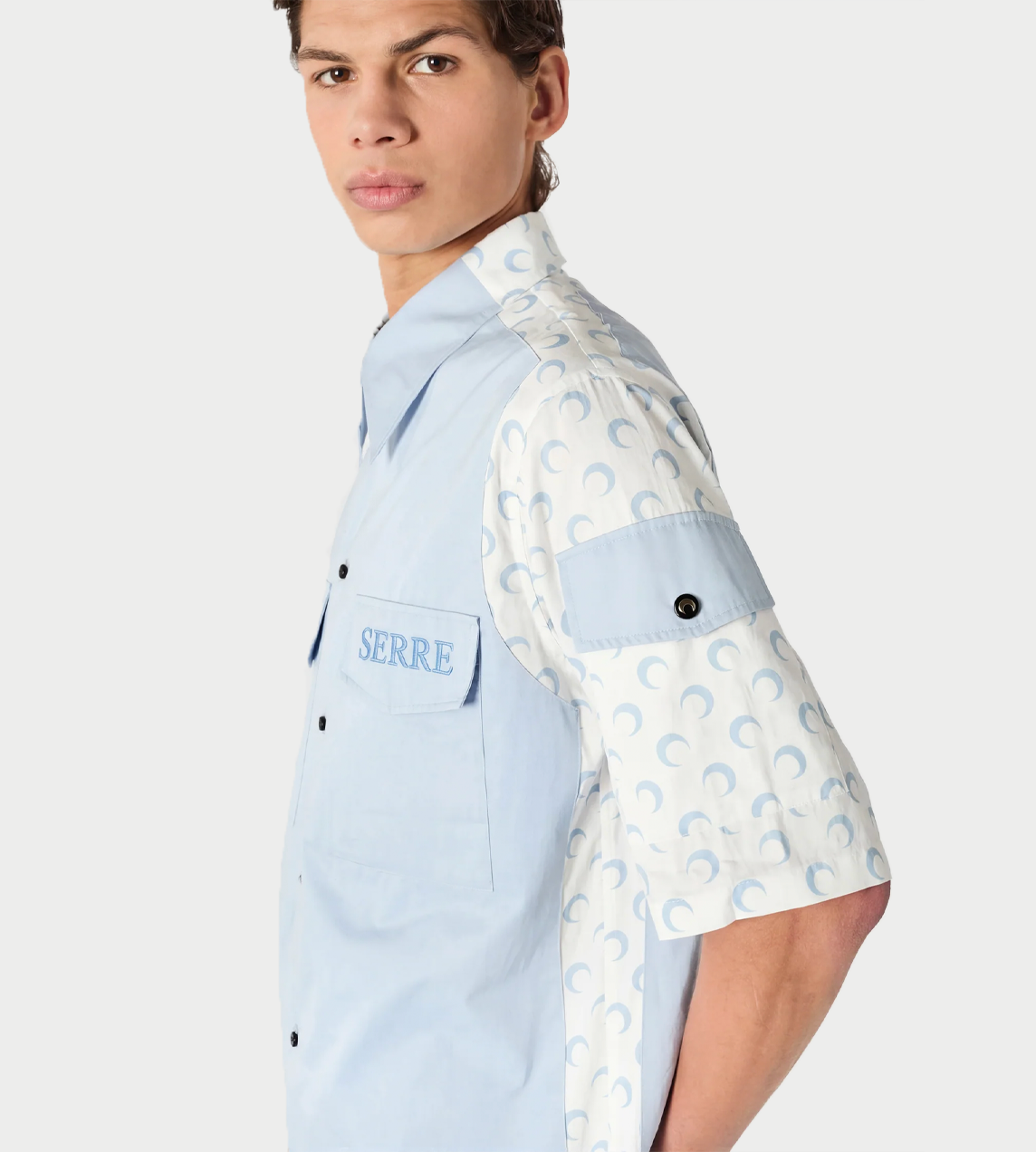 MARINE SERRE - Contrasted Moon Poplin SS Shirt White/Blue