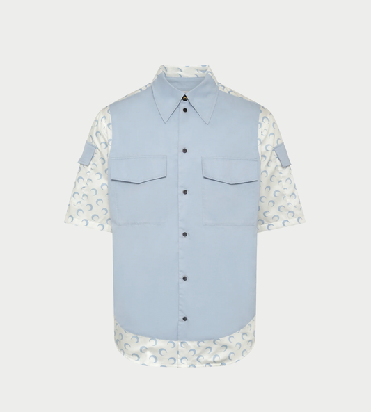 MARINE SERRE - Contrasted Moon Poplin SS Shirt White/Blue