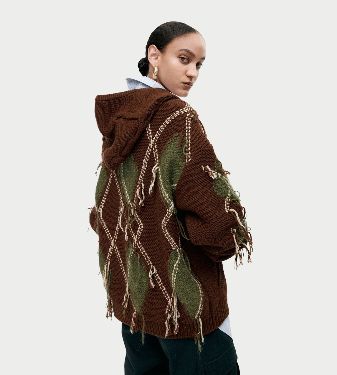 Unisex Argyle Fisherman Hood Zip-up Brown